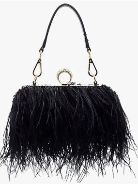 Source Unknown Black Feather Clutch with Rhinestone Ring Clasp